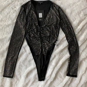 Very High Standards Rhinestone Bodysuit - Black